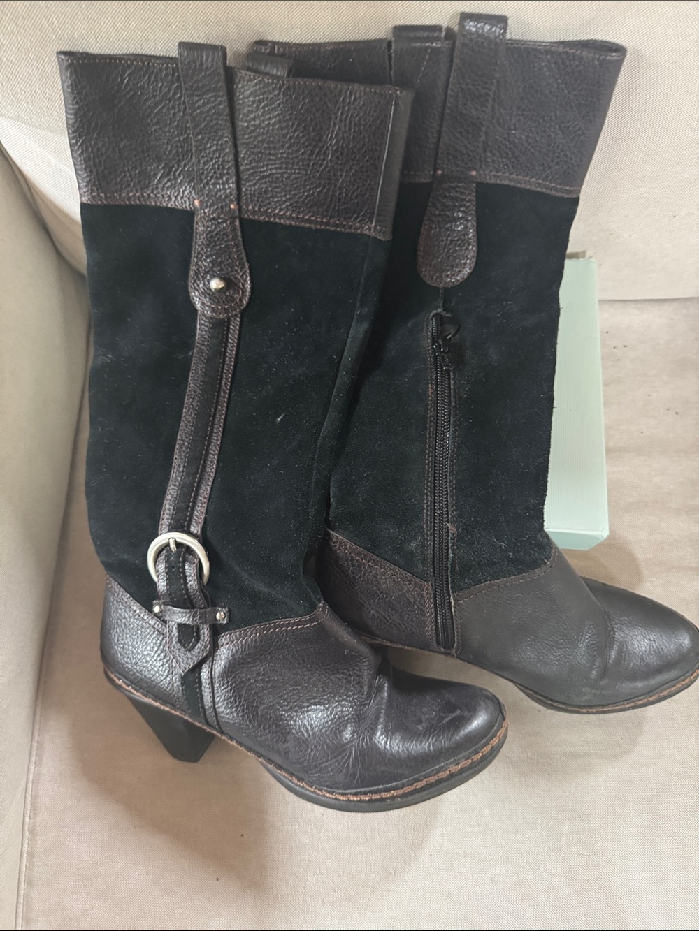 Naturalizer Two-Tone Black and Dark Brown Leather Suede Heeled Boots